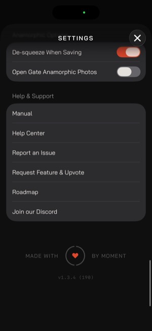 Moment Pro Camera II screen 7: Settings