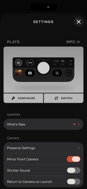 Moment Pro Camera II screen 13: Settings