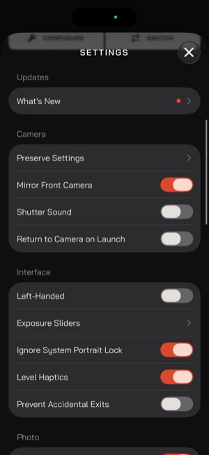 Moment Pro Camera II screen 15: Settings