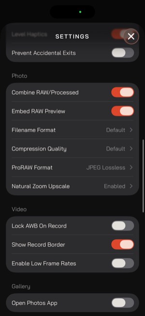 Moment Pro Camera II screen 16: Settings