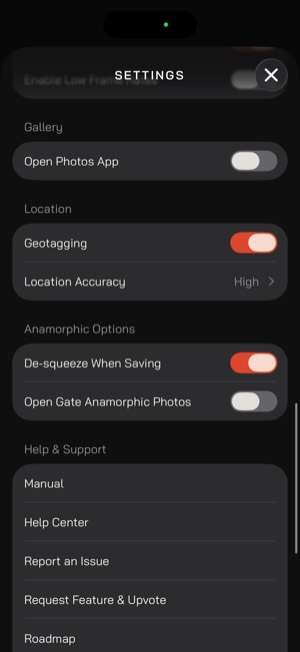 Moment Pro Camera II screen 17: Settings