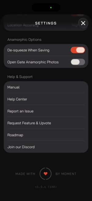 Moment Pro Camera II screen 18: Settings