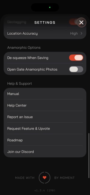 Moment Pro Camera II screen 19: Settings