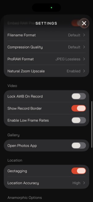 Moment Pro Camera II screen 20: Settings
