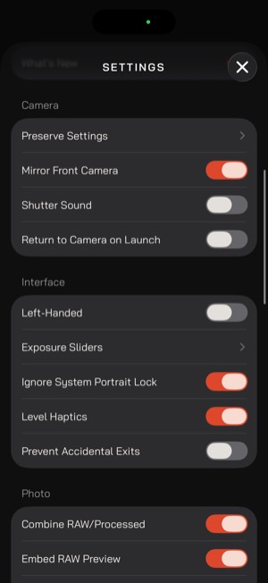 Moment Pro Camera II screen 21: Settings