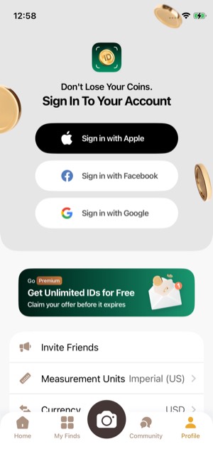 Coin ID screen 7: Sign-in wall