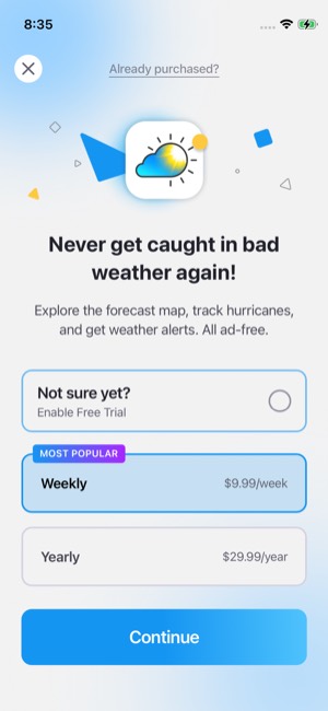 Weather Live° screen 4: Paywall
