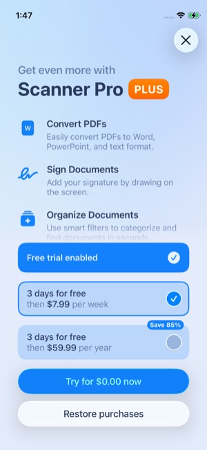Scanner Pro screen 6: Paywall