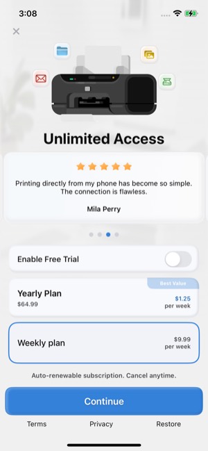 Smart Printer screen 15: Paywall
